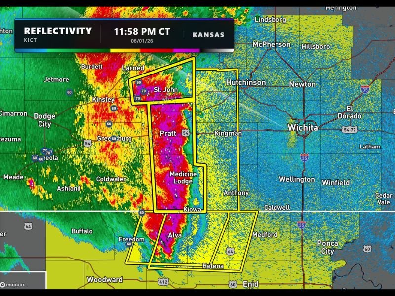 Powerful Storm Line Bearing Down on Wichita Kansas at Midnight With Extreme Radar Returns Across Pratt Medicine Lodge and St John Corridor