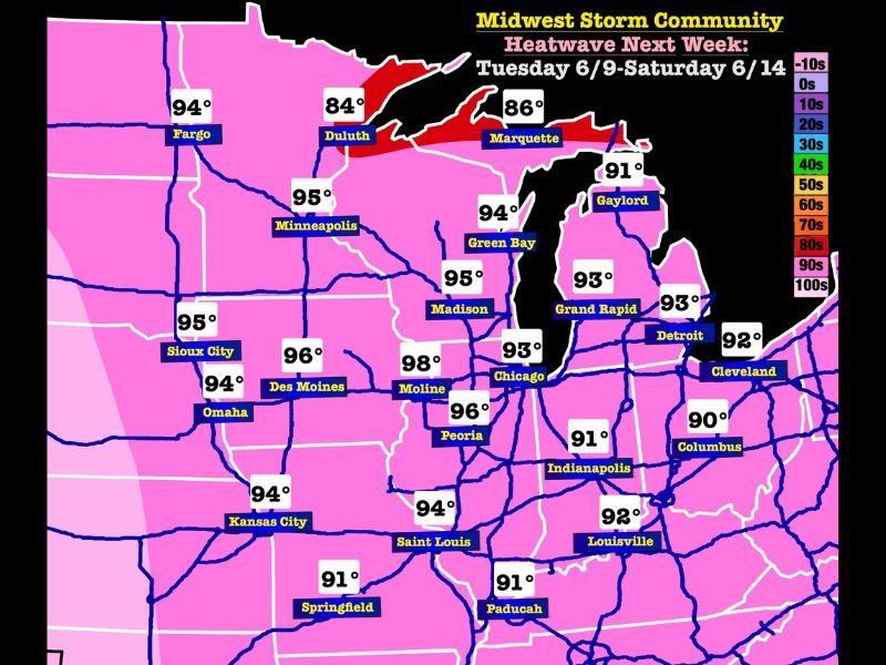 Region Wide Heat Wave to Bake the Midwest From Tuesday June 9 Through Saturday June 14 With Heat Index Values of 95 to 105 Degrees Targeting Chicago Minneapolis and Detroit