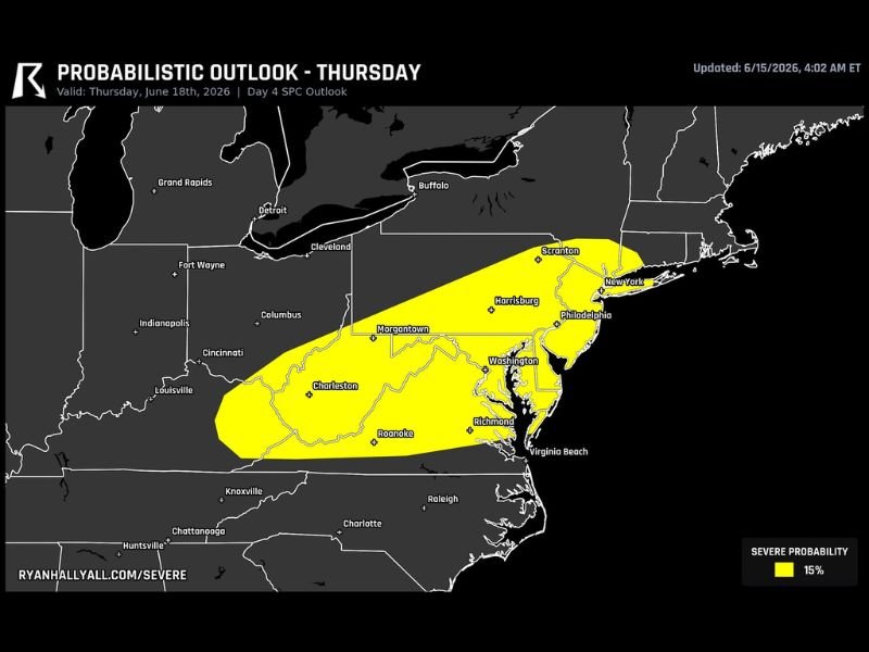 SPC Holds 15 Percent Severe Risk for Thursday Across Pennsylvania West Virginia and Virginia With Damaging Winds the Main Mid-Atlantic Threat