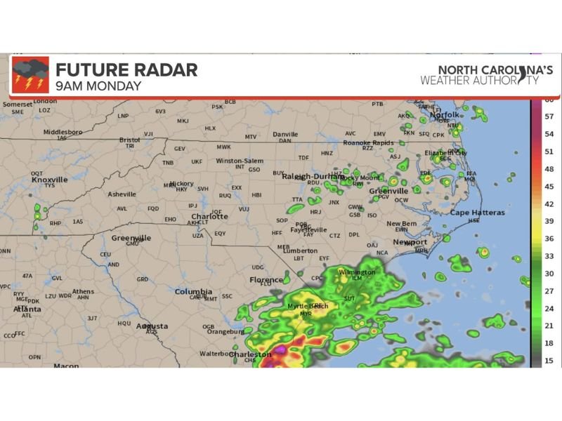 Scattered Showers and Storms With Gusty Winds and Heavy Rain Bursts Target North Carolina Monday With Southeastern Areas Seeing Morning Activity First