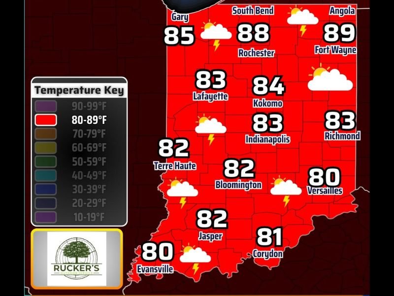 Scattered to Numerous Pop Up Storms Threatening Indiana Monday With Flooding as the Primary Concern and Highs Reaching the Upper 80s Across the Northern Half of the State