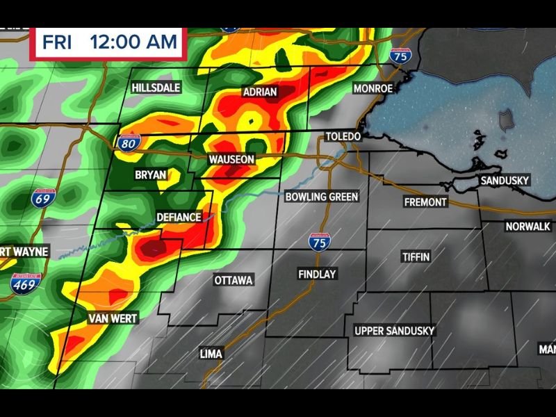 Severe Thunderstorm Line With Strong Gusty Winds Targeting Northwest Ohio and Toledo After 10PM Thursday Clearing the Region Between 2AM and 4AM Friday