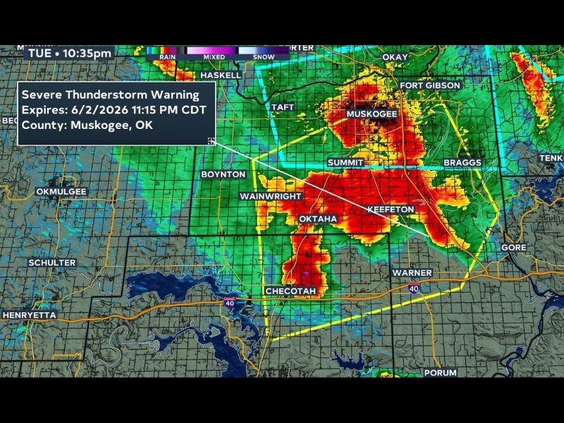 Severe Thunderstorm Warning Issued for Muskogee County Oklahoma With 60 MPH Wind Gusts Heavy Rain and 115 Lightning Strikes Tracking Southward Tuesday Night