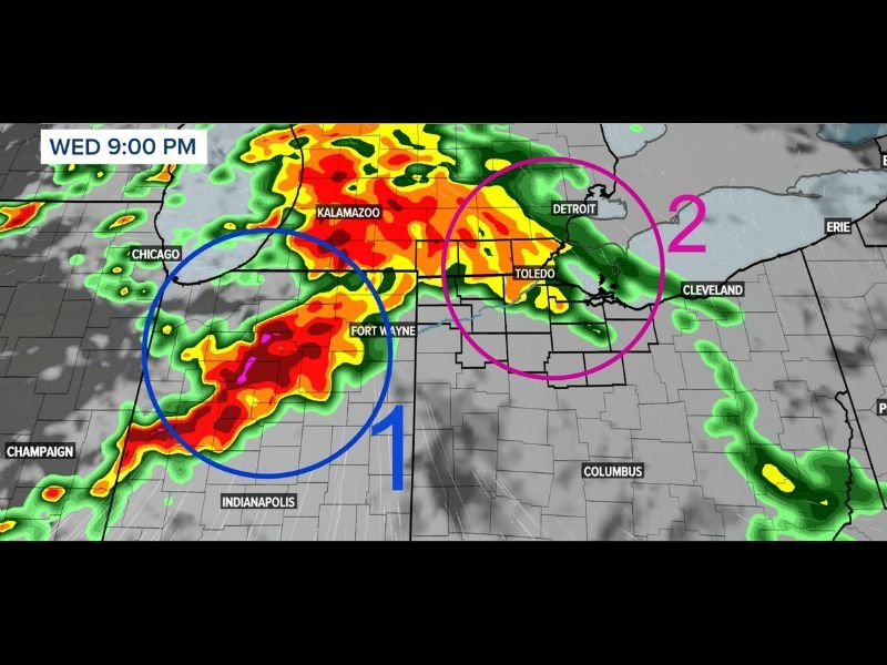 Severe Weather Outbreak Likely Wednesday Night Across Northwest Ohio and Southeast Michigan With Two Rounds of Storms and 1 to 2 Inch Rainfall Totals