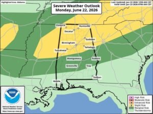Slight Risk Severe Storms Target Northern Alabama Monday With Damaging Winds and Flooding Possible From 3 PM to Midnight Before Drier Pattern Returns