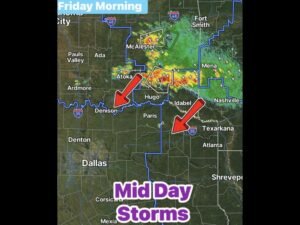 Southeast Oklahoma Storms Tracking South Into North Texas by Midday Friday Bringing 50 MPH Wind Gusts Frequent Lightning Heavy Downpours and Small Hail to Dallas and Denison