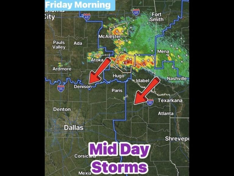 Southeast Oklahoma Storms Tracking South Into North Texas by Midday Friday Bringing 50 MPH Wind Gusts Frequent Lightning Heavy Downpours and Small Hail to Dallas and Denison