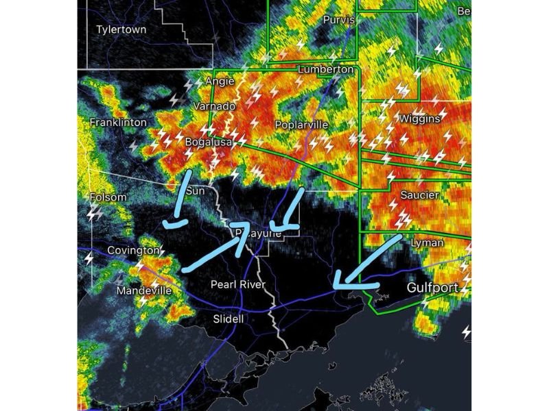 Storms Converge From Three Directions Friday Night Surrounding Picayune as Heavy Lightning and Rain Move Through Southeast Louisiana and South Mississippi