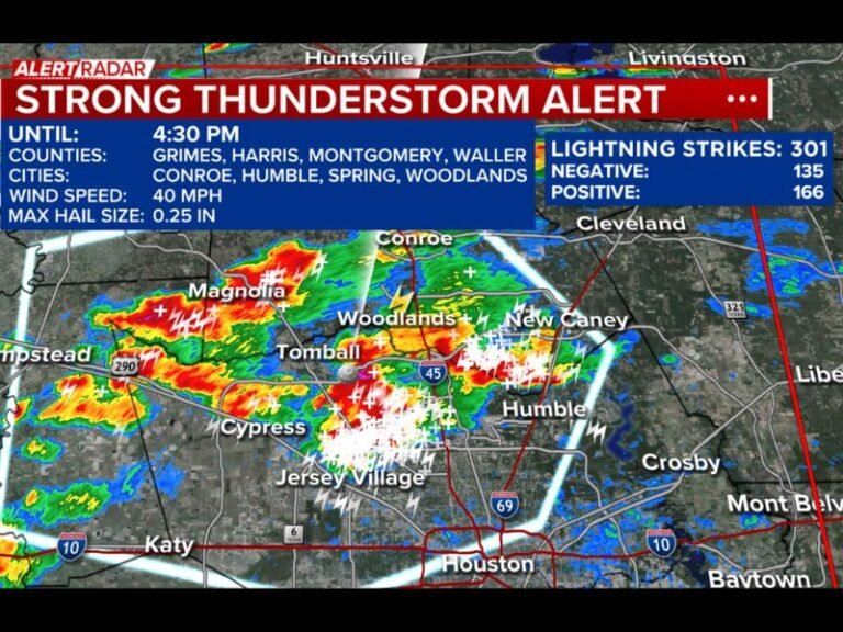 Strong Thunderstorm Alert Issued for Harris Montgomery and Grimes Counties Texas With 301 Lightning Strikes 40 MPH Winds and Pea Size Hail Targeting Woodlands and Humble