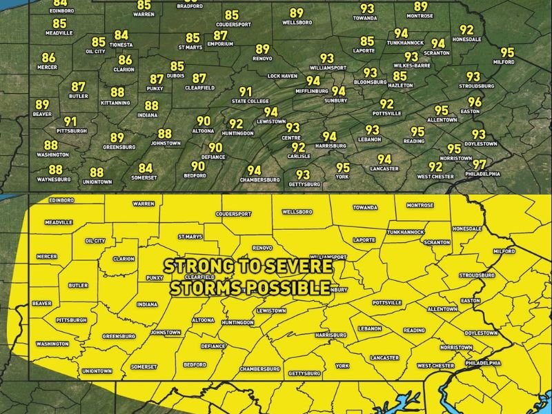 Strong to Severe Thunderstorms With Damaging Winds Threatening All of Pennsylvania Thursday as Heat Index Values Reach the Low 100s and Highs Climb to 97 Degrees