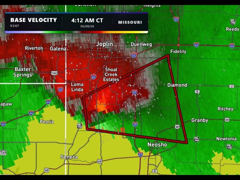 Tornado Warning Issued Near Neosho Missouri at 4am With Strong Rotation Confirmed on KSGF Base Velocity Radar Threatening Joplin Loma Linda and Shoal Creek Estates