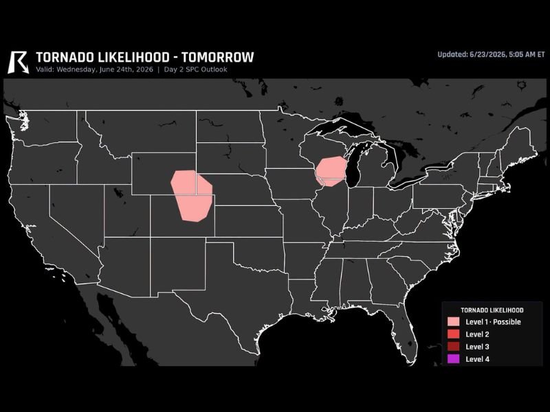 Tornadoes Possible Wednesday Near Denver Colorado Springs and Milwaukee as Level 1 Tornado Likelihood Outlook Highlights Two Separate Risk Areas