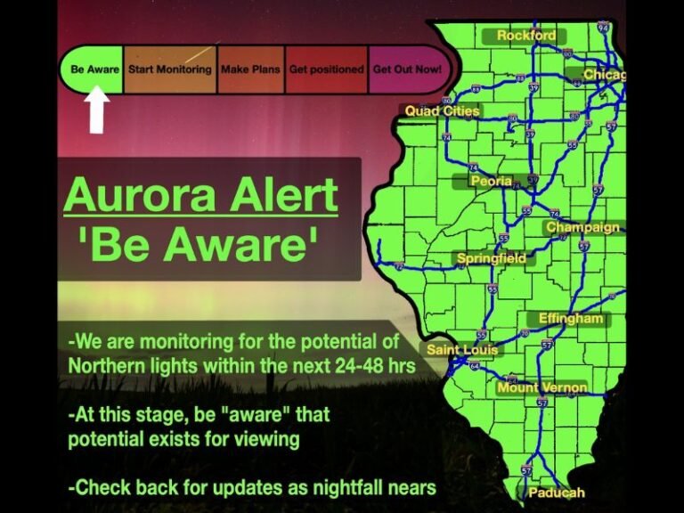 Triple CME Strike Could Bring Northern Lights Visible Across All of Illinois Including Chicago Springfield and Peoria During G2 to G4 Geomagnetic Storm Tonight