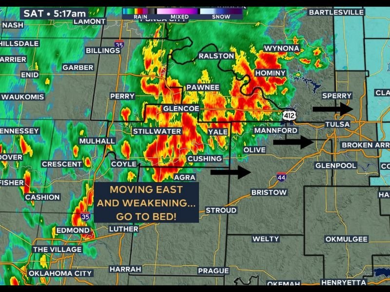 Weakening Storm Complex Tracking Toward Tulsa and Broken Arrow Early Saturday With 100 Lightning Strikes Recorded Across Central Oklahoma